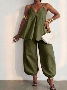 Army Green Casual Women's Backless Halter Top & Lantern Pants Set